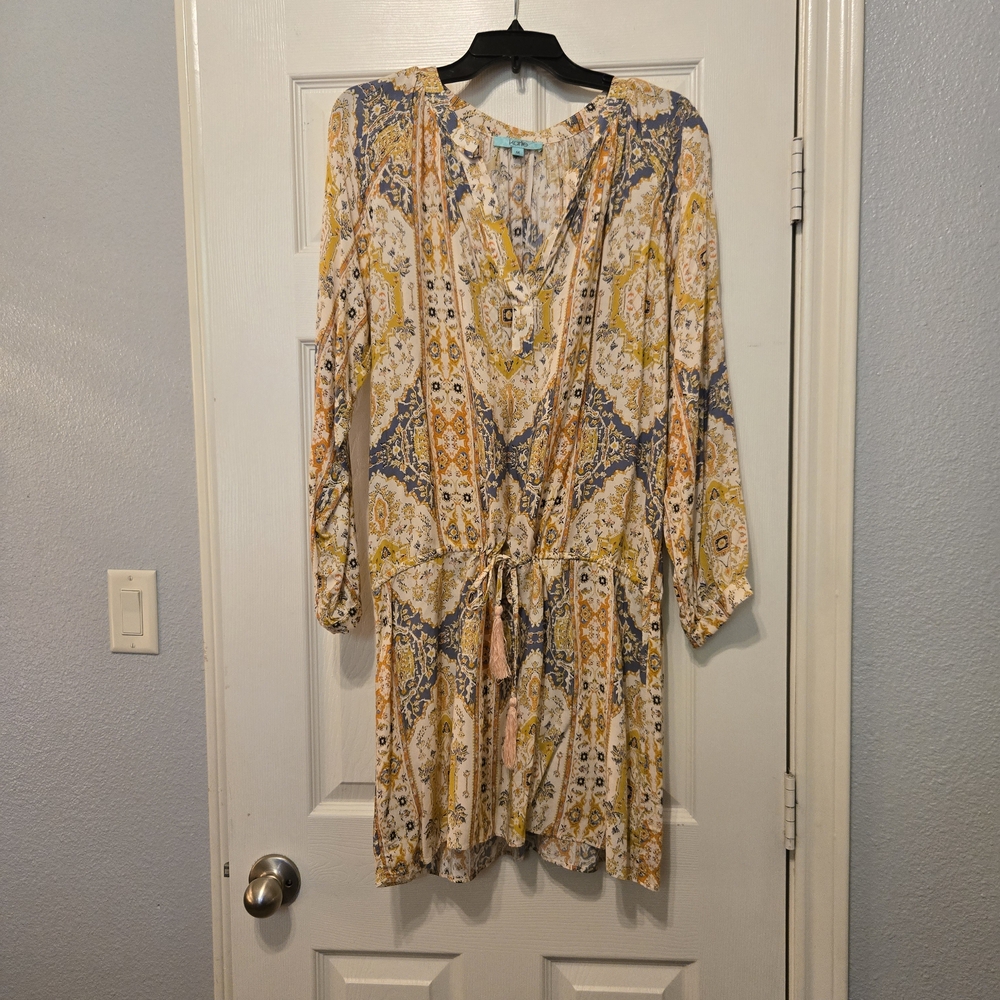 Karlie Yellow, Blue & Cream Printed Tie-Waist Midi Dress